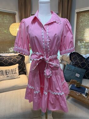 Day + Moon Pink Ruffle-Trim Tie-Waist Mini Dress